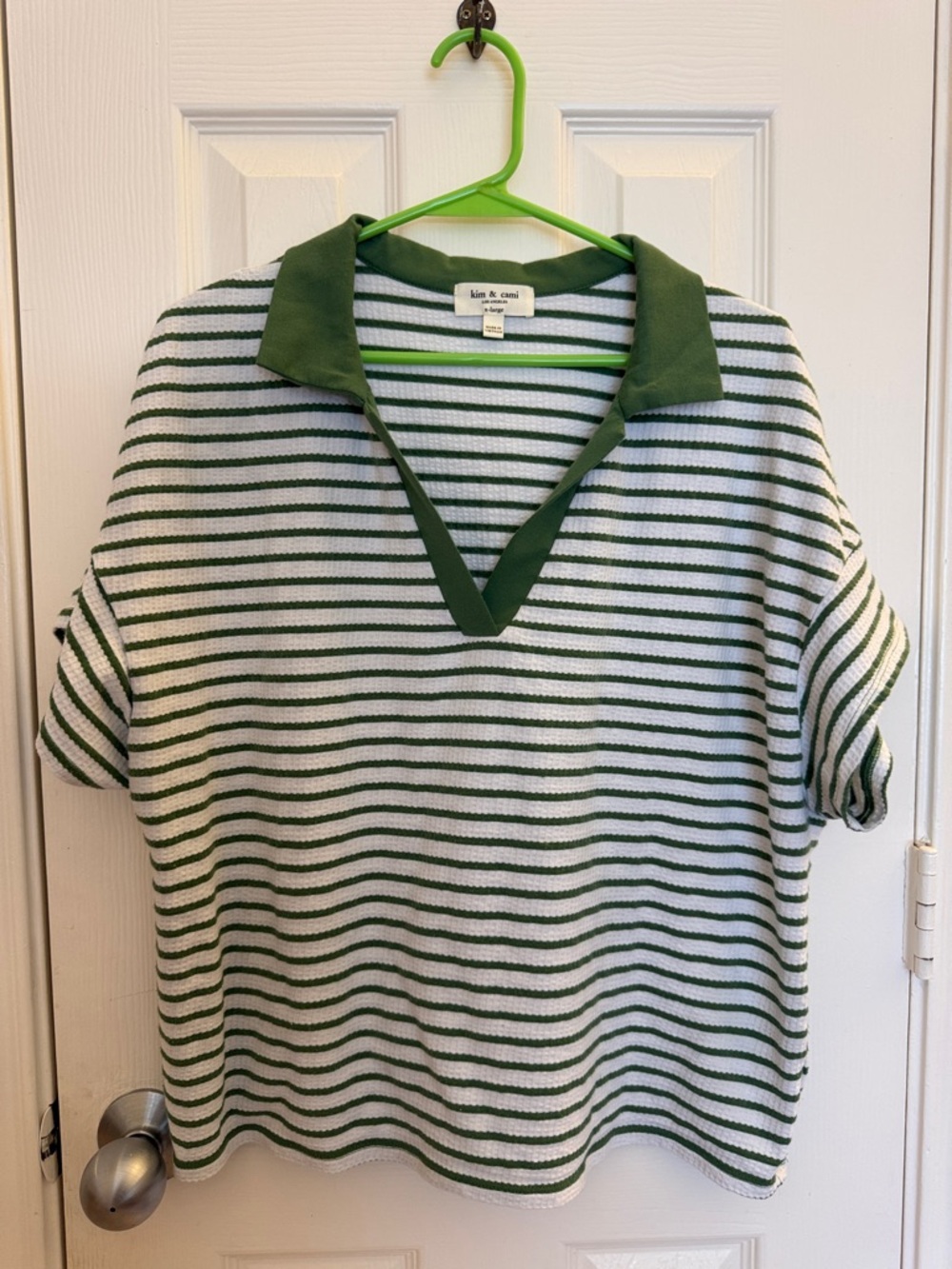 Kim & Cami Green and White Striped Polo Knit Top